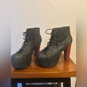 Jeffrey Campbell Lita Platform Lace Up Black Leather Boots Sturdy Heel Women's 9